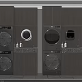 Modern Laundry Room Design With Stacked Washing Machines Dryers And Wooden Cabinets