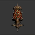 Game Movie Character Rhinoceros With Large Horns And Stacked Weapons On Back