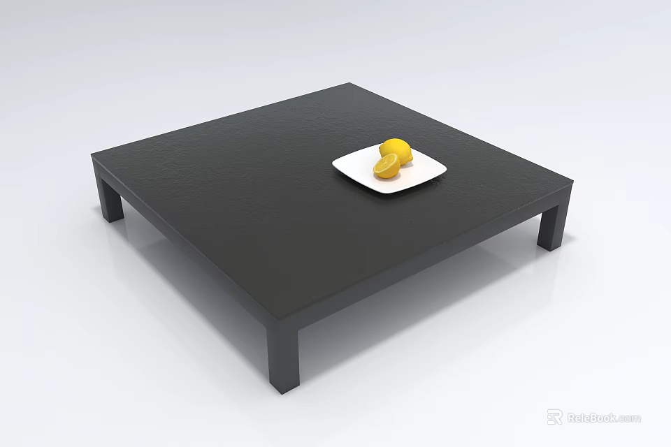 Black Square Coffee Table With White Plate And Lemon Slices On Top 3d model