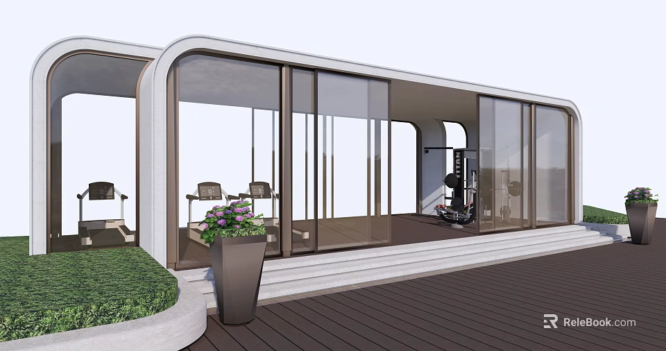 Modern Pergola with Large Glass Windows Wooden Deck Green Lawn and Purple Flowers 3d model 