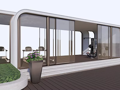 Modern Pergola with Large Glass Windows Wooden Deck Green Lawn and Purple Flowers 3d model