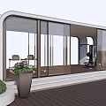 Modern Pergola with Large Glass Windows Wooden Deck Green Lawn and Purple Flowers