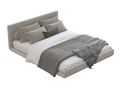 Double Bed with Light Gray Headboard White Sheets Gray Blanket and Neutral Pillows 3d model
