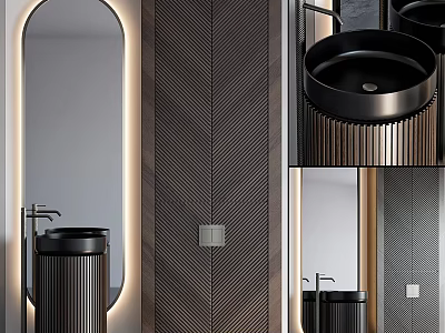 Modern Bathroom Washbasin With Backlit Oval Mirror And Herringbone Wall Design 3d model