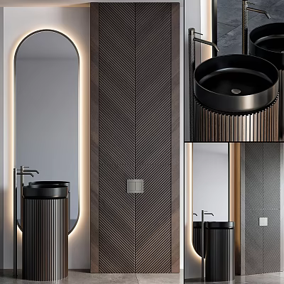 Modern Bathroom Washbasin With Backlit Oval Mirror And Herringbone Wall Design 3d model
