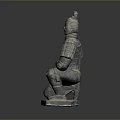 Ancient Terracotta Warrior Sculpture In Kneeling Posture With Intricate Armor Details And Ornate Headgear