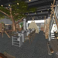 Outdoor Style Hotpot Restaurant with Tent Seating Tree Decor and Wooden Furniture Hanging Lights