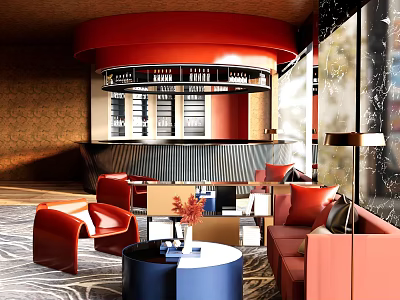 Stylish Restaurant Interior Featuring Red Curved Ceiling Wine Rack Red Sofas Chairs Blue Round Table 3d model