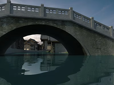 Scenic Commercial Street View With Stone Arch Bridge Water Reflection And Traditional Buildings 3d model