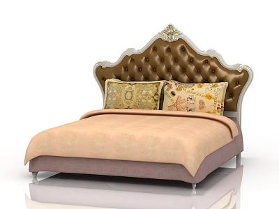 Double Bed with Tufted Brown Headboard White Trim and Decorative Patterned Pillows Soft Pink Bedding 3d model