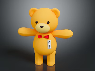 Yellow Bear Toy With Red Bow Tie And Chest Label On Dark Background 3d model