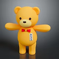 Yellow Bear Toy With Red Bow Tie And Chest Label On Dark Background