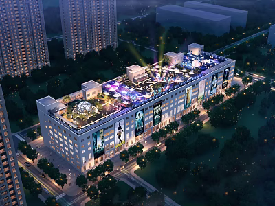 Modern Rooftop Bar With Night City Lights And Urban Skyline View 3d model