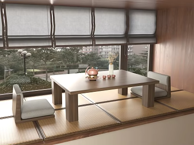 Japanese Style Wooden Tea Table And Gray Cushioned Chairs With Window View 3d model