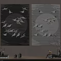 Two Panel Animal Paintings of Cranes Flying Under Moon Sky for Home Wall Decor