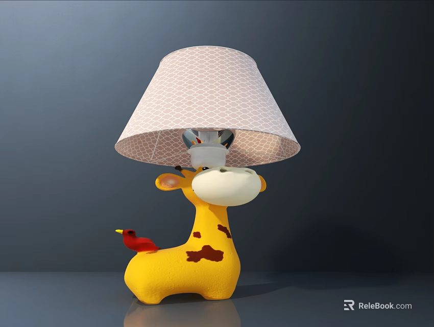 Yellow Giraffe Table Lamp With Brown Spots White Grid Lampshade Red Tail And Small Animal 3d model 