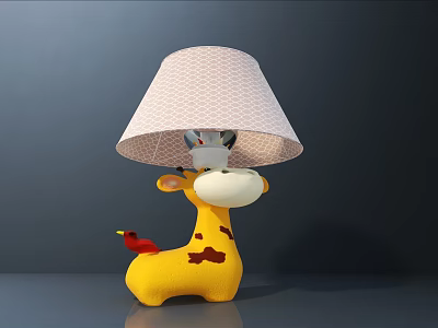 Yellow Giraffe Table Lamp With Brown Spots White Grid Lampshade Red Tail And Small Animal 3d model