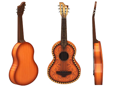 Wooden Musical Instrument Ukulele With Hand Carved Painted Design And Different Angles 3d model
