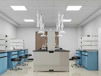 Modern Laboratory Interior With Central Lab Bench Blue Cabinets And Black Stools 3d model