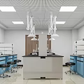 Modern Laboratory Interior With Central Lab Bench Blue Cabinets And Black Stools