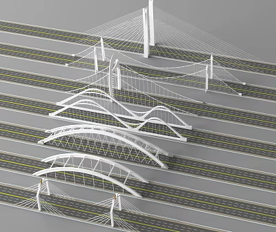 Modern Bridge Designs With Cable Stayed Arch Structures And Road Integration 3d model