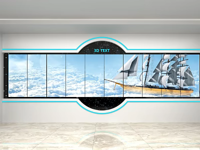 Modern Service Hall Featuring Large 3D Screen With Sailing Ship And Cloud Sea Background 3d model