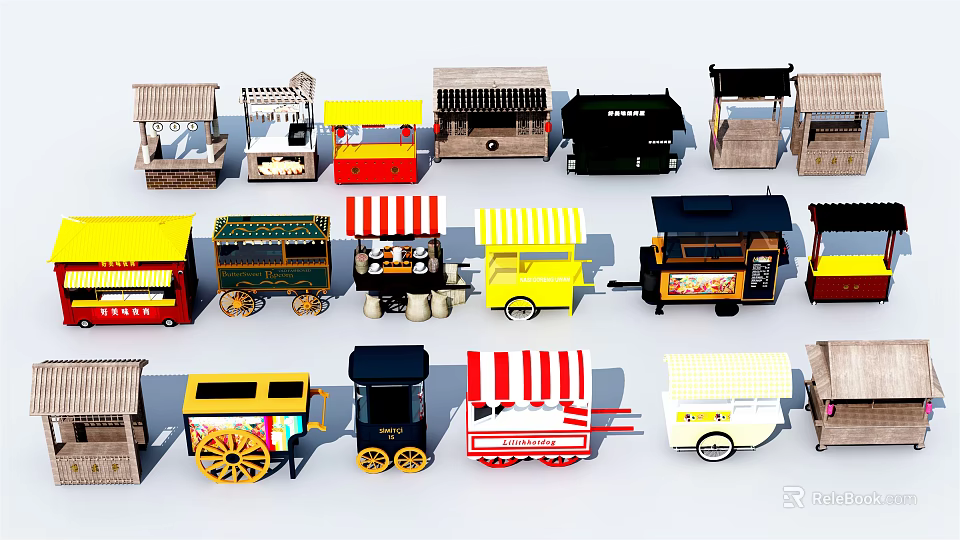 Colorful Mobile Food Carts Featuring Various Designs And Styles For Street Vending 3d model 