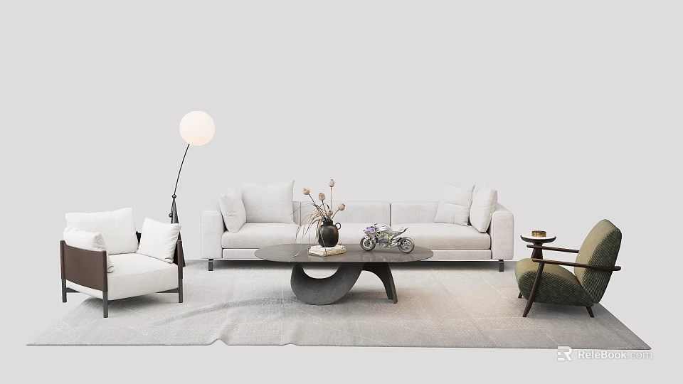 White Sofa and Black Coffee Table Set with Accent Chairs Floor Lamp and Decorative Items 3d model 