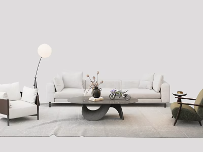 White Sofa and Black Coffee Table Set with Accent Chairs Floor Lamp and Decorative Items 3d model