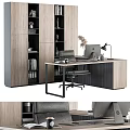 Modern Bookshelf In Home Office With Desk Leather Chair And Computer Monitor