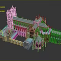 Cartoon Style Gothic Architecture Scene with Tall Spires Blue Rooftops and Intricate Details