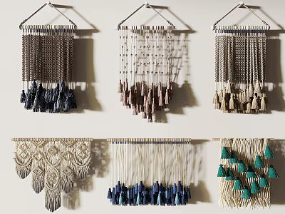Bohemian Macrame Wall Hangings With Blue Beige Green Tassels And Fringe 3d model