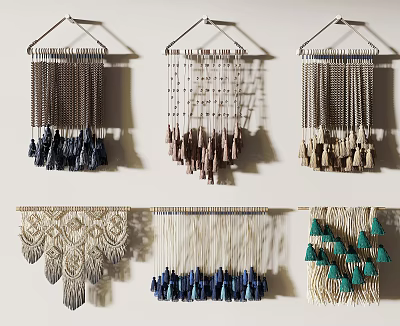 Bohemian Macrame Wall Hangings With Blue Beige Green Tassels And Fringe 3d model