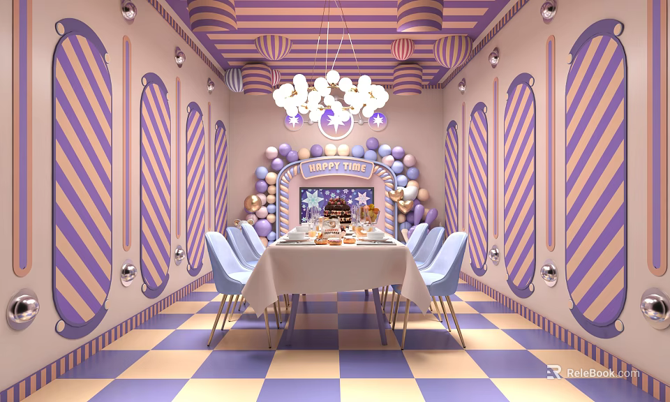 Colorful Restaurant With Purple Yellow Striped Walls Chandelier Table Blue Chairs Happy Day Balloons Checkerboard Floor 3d model 