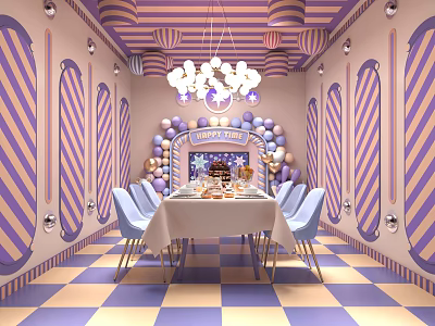 Colorful Restaurant With Purple Yellow Striped Walls Chandelier Table Blue Chairs Happy Day Balloons Checkerboard Floor 3d model