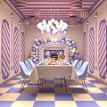 Colorful Restaurant With Purple Yellow Striped Walls Chandelier Table Blue Chairs Happy Day Balloons Checkerboard Floor