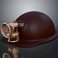 Durable Brown Textured Work Safety Hat With Attached Brass Lamp Accessory 3d model