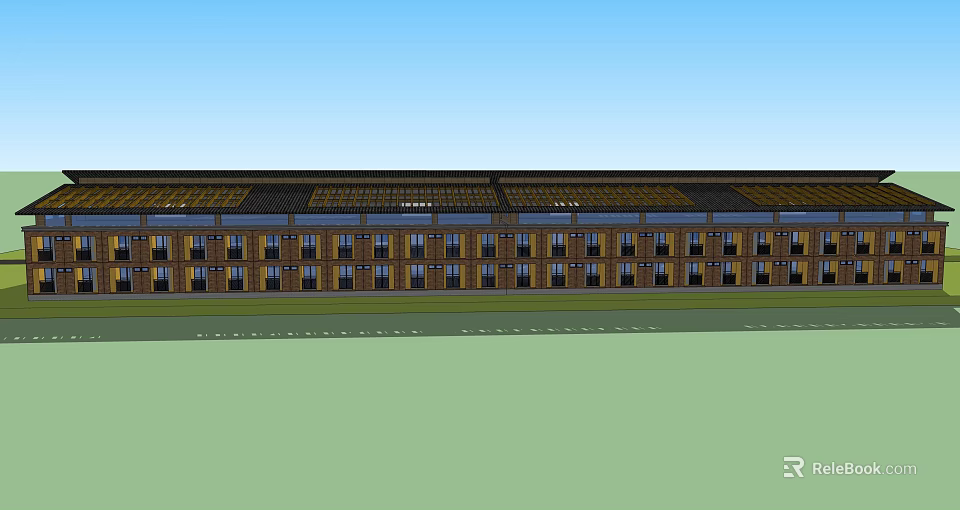 Brown Brick Hotel Building With Multiple Windows Flat Roof And Green Lawn 3d model 