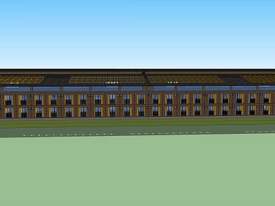 Brown Brick Hotel Building With Multiple Windows Flat Roof And Green Lawn 3d model