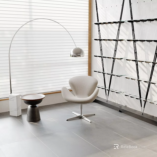 Modern Interior Design With White Blinds Curved Floor Lamp Beige Armchair Side Table Black Geometric Shelves 3d model 