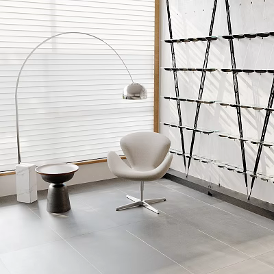Modern Interior Design With White Blinds Curved Floor Lamp Beige Armchair Side Table Black Geometric Shelves 3d model