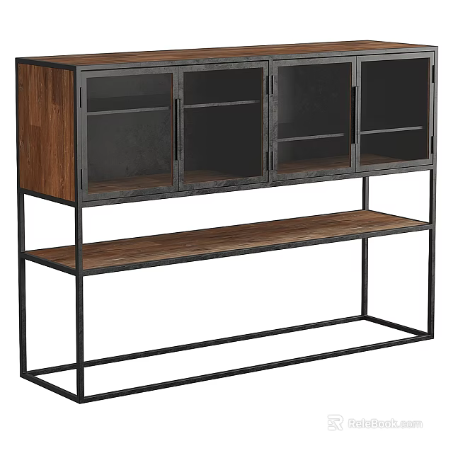 Modern Entryway Console Cabinet With Wooden Panel Metal Frame Glass Doors And Open Shelf 3d model 