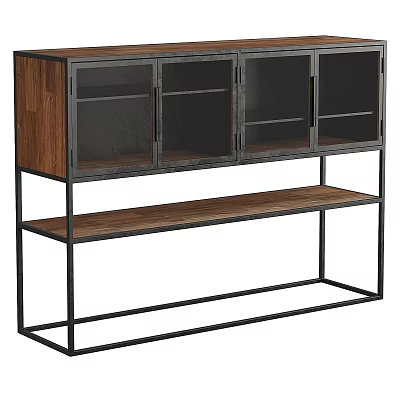 Modern Entryway Console Cabinet With Wooden Panel Metal Frame Glass Doors And Open Shelf 3d model