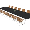 Black Long Rectangular Conference Table With Brown Wheeled Chairs And Small Potted Plant 3d model
