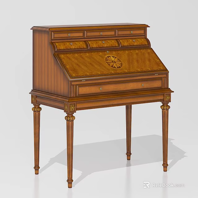 Vintage Wooden Writing Desk With Ornate Carved Legs And Decorative Drop Leaf 3d model 