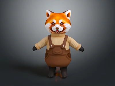 Cute Red Panda Figure Wearing Beige Sweater Brown Overalls Black Gloves And Boots 3d model