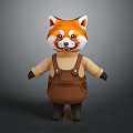 Cute Red Panda Figure Wearing Beige Sweater Brown Overalls Black Gloves And Boots
