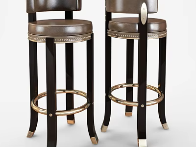 Classic Vintage Bar Stools With Leather Upholstered Seats Wooden Legs And Metal Footrest 3d model