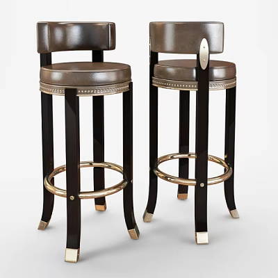 Classic Vintage Bar Stools With Leather Upholstered Seats Wooden Legs And Metal Footrest 3d model