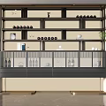 Modern Wine Cabinet With Multiple Shelves Wine Bottles Glasses And Decorative Items